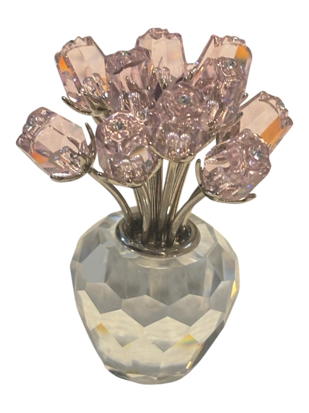 Swarovski A dozen Pink Crystal Flower Bouquet in Clear Faceted Vase- like new